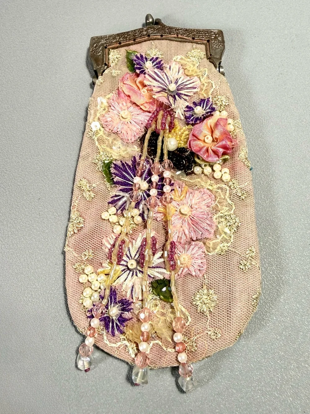 Wayne M Kleski Vintage Pink Silk & Mesh Floral Embroidered Beaded Clutch